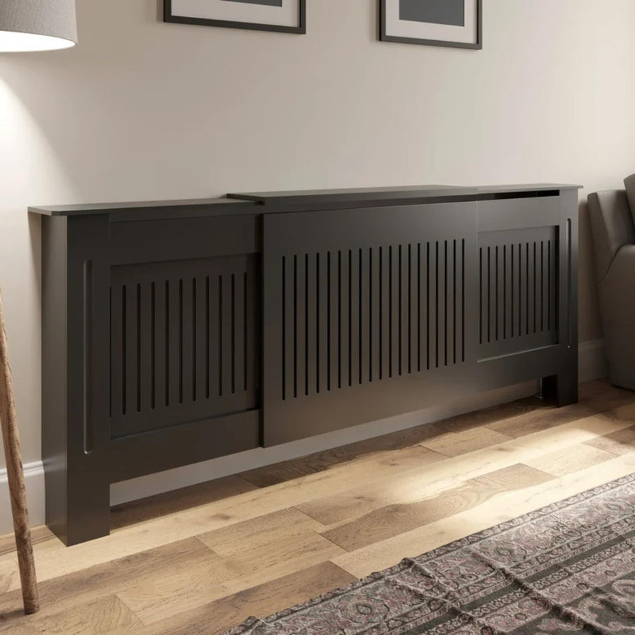 Adjustable Anthracite Grey Radiator Cover MDF Slatted Cabinet Modern Shelf 202cm