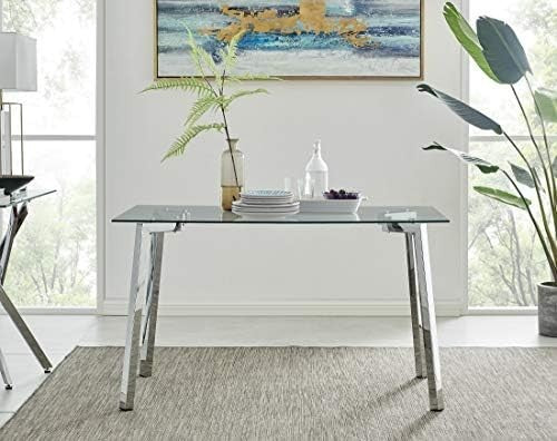 Modern Clear Glass Dining Table Rectangular Chrome Metal Legs