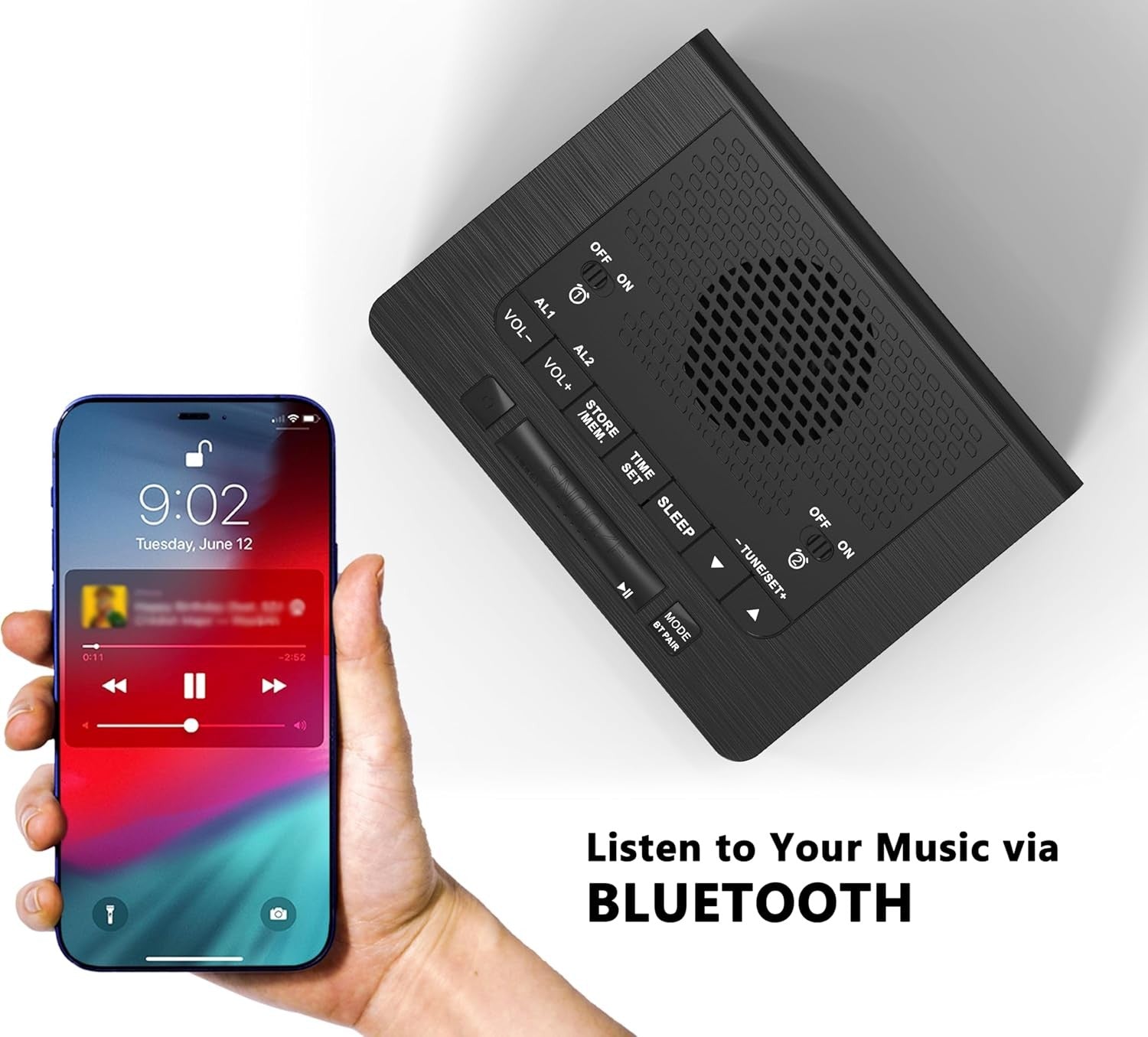 Digital Alarm Clock FM Radio Bluetooth Dimmable LED Dual Alarm