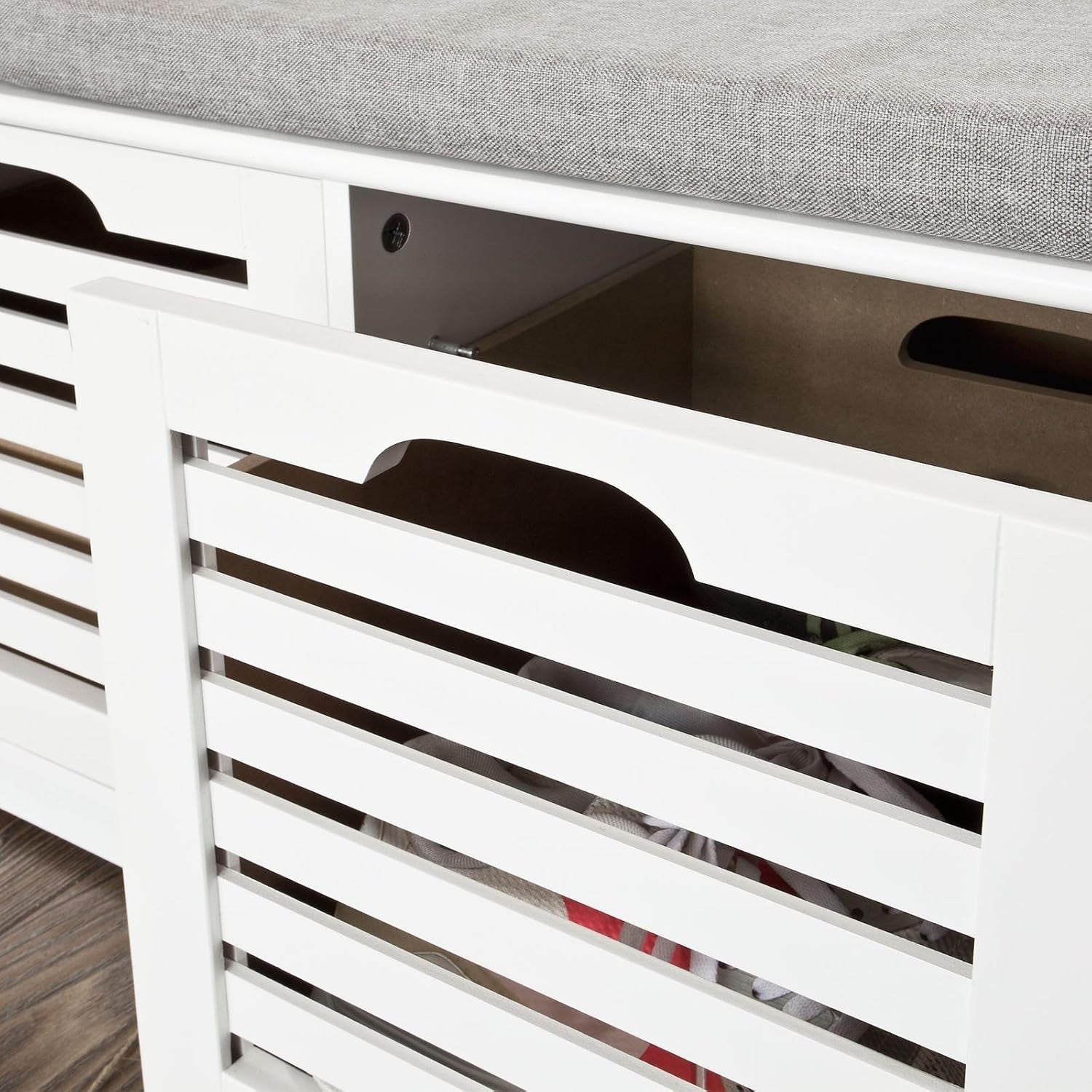 White Shoe Storage Bench with Seat Cushion | 3 Drawer Hallway Cabinet Unit