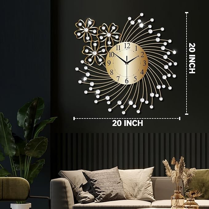Large 50cm Gold Crystal Wall Clock Silent Modern Luxury Metal Round Home Decor