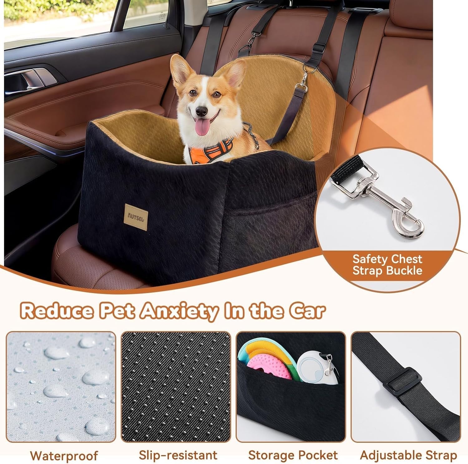 Dog Booster Car Seat Waterproof Washable Travel Bed 40lb Black Brown