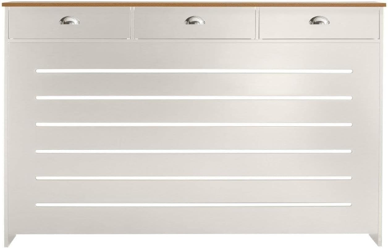 Cream Radiator Cover 150x19x96cm MDF Heating Cabinet | 3 Drawer Horizontal Slat