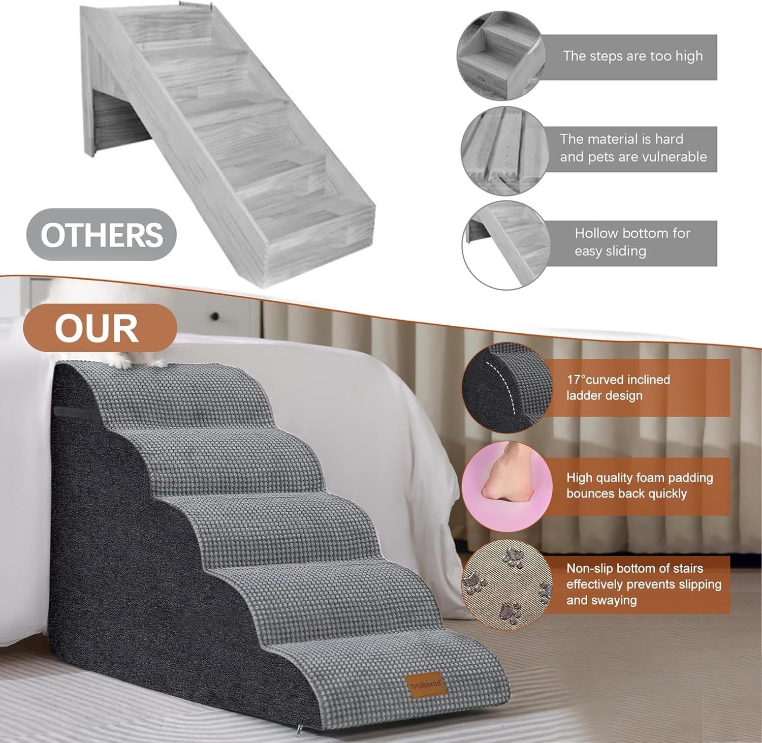 Wide Dog Stairs 5 Step Foam Pet Ramp 87x40x62cm Non Slip