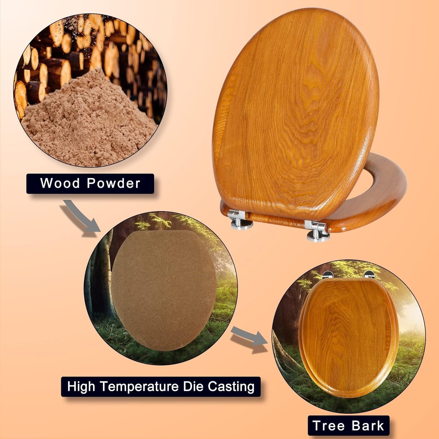 Natural Wooden Toilet Seat Antibacterial Oval Oak Yellow Adjustable Zinc Hinges