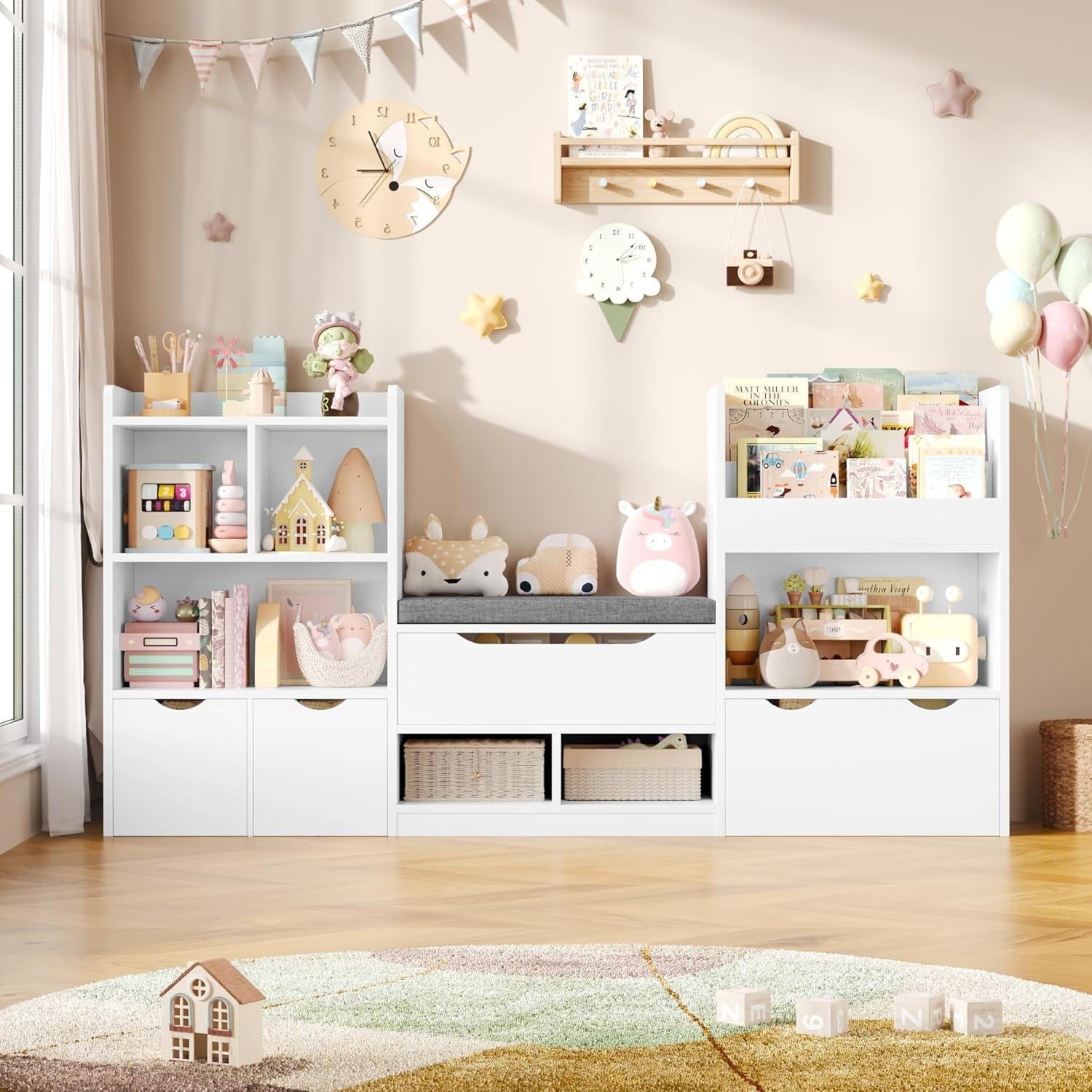 Kids Toy Storage Unit with Bench, 3 Drawers & 7 Shelves – White Organizer