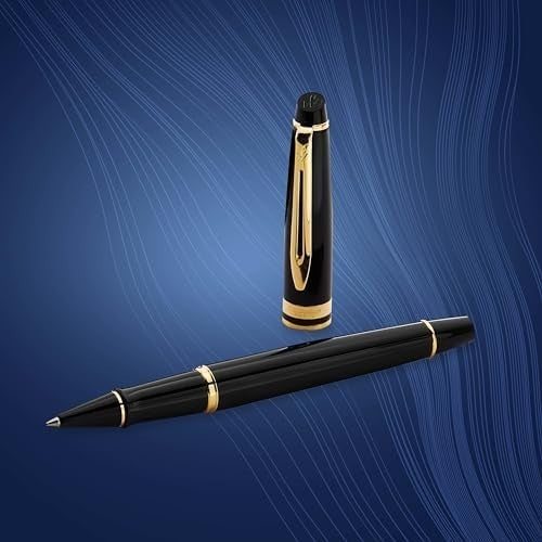 Luxury Rollerball Pen Gloss Black Gold Trim Fine Nib Gift