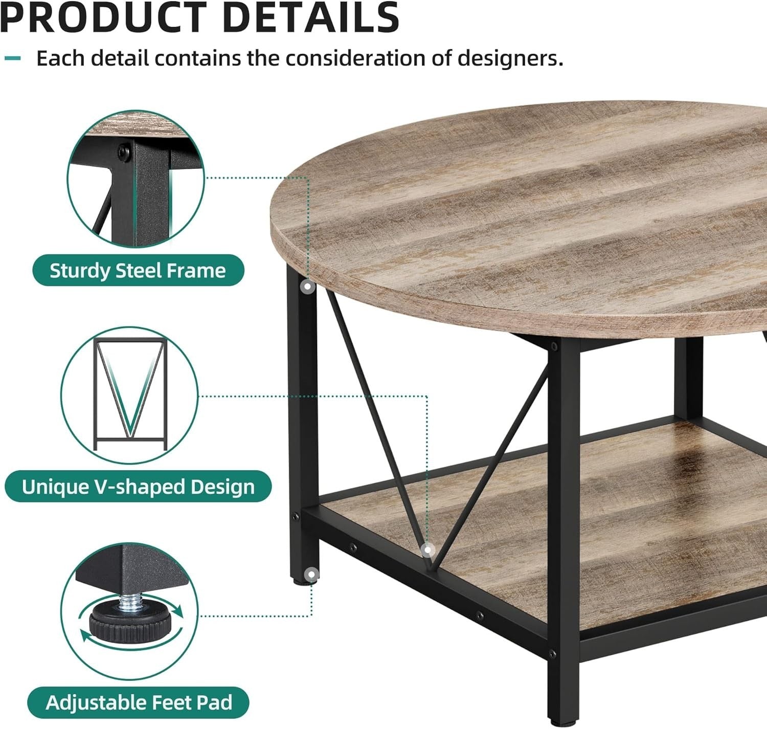 Round Coffee Table with Storage Shelf 80cm Industrial Rustic Metal Legs