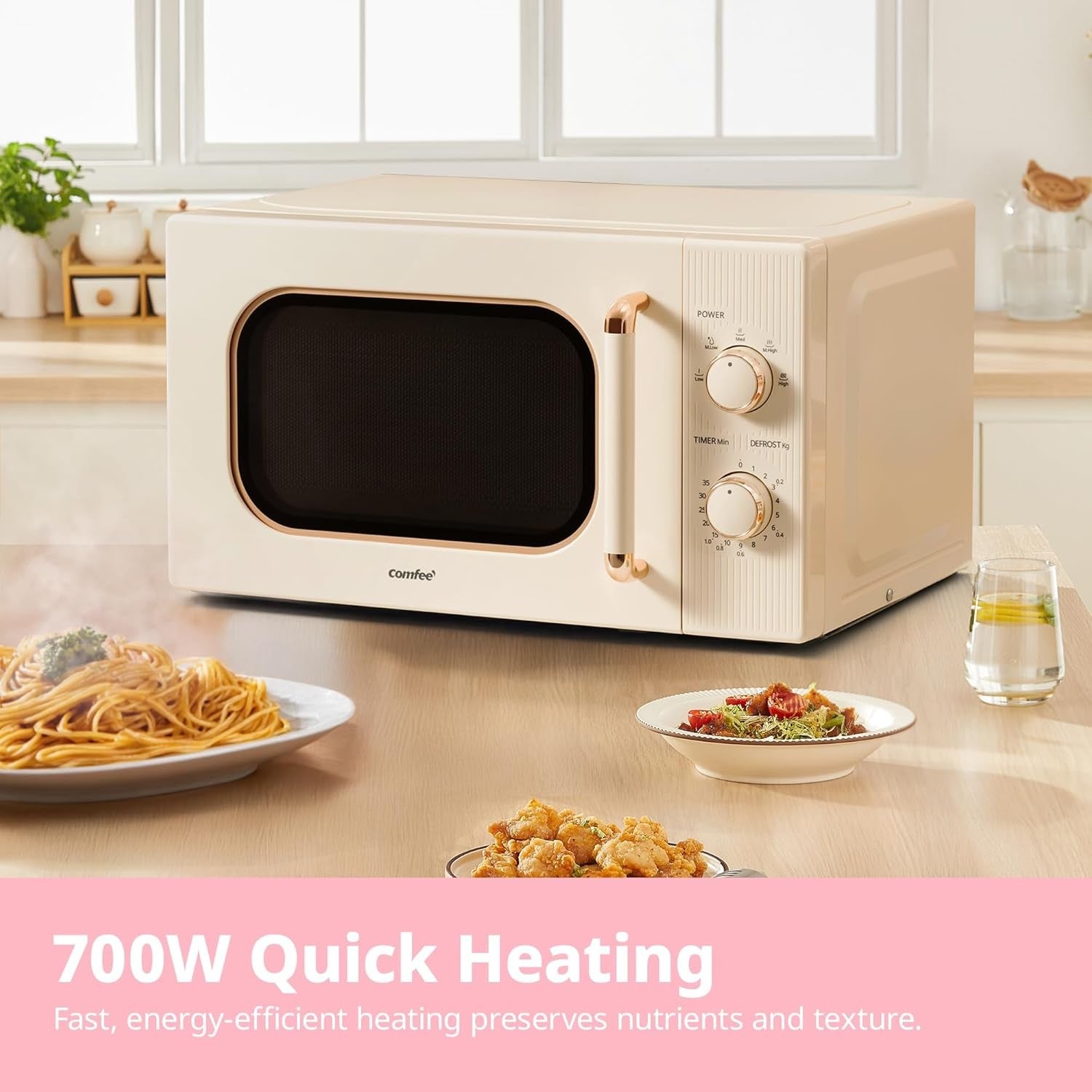 20L 700W Compact Microwave Cream 5 Power Defrost Lock