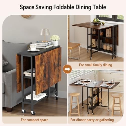 Brown + Black Folding Drop Leaf Dining Table with Shelves & Wheels