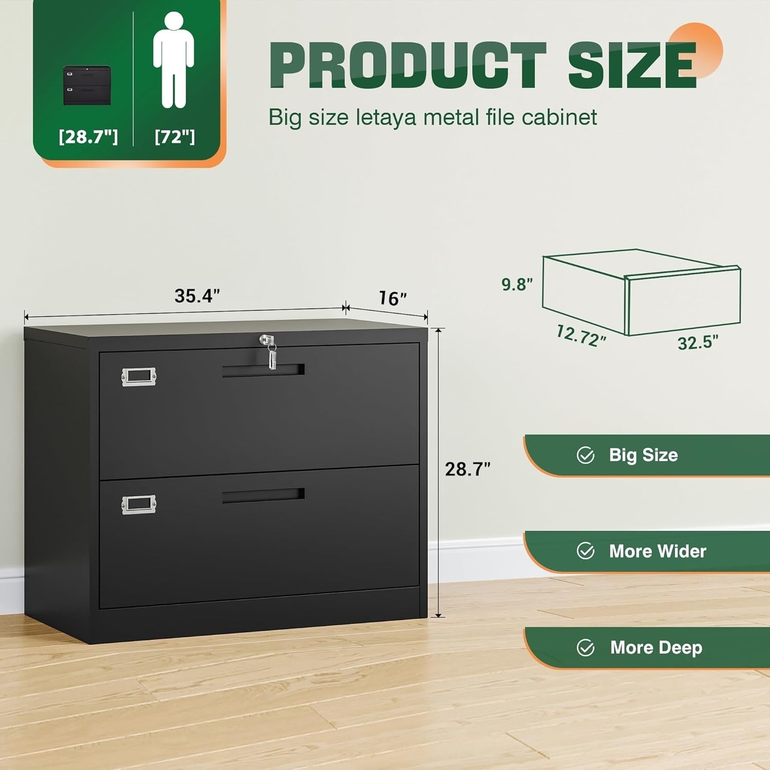 Black Steel Lateral Filing Cabinet 2 Drawer Wide Lockable File Storage