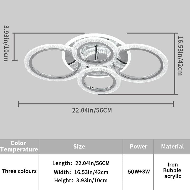 Modern 4-Ring LED Ceiling Light 58W Dimmable Remote Chrome Flush Mount