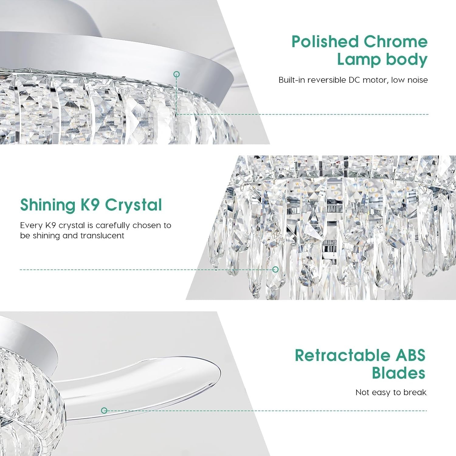 Crystal Ceiling Fan, 6 Speeds, Dimmable LED, Remote, Retractable