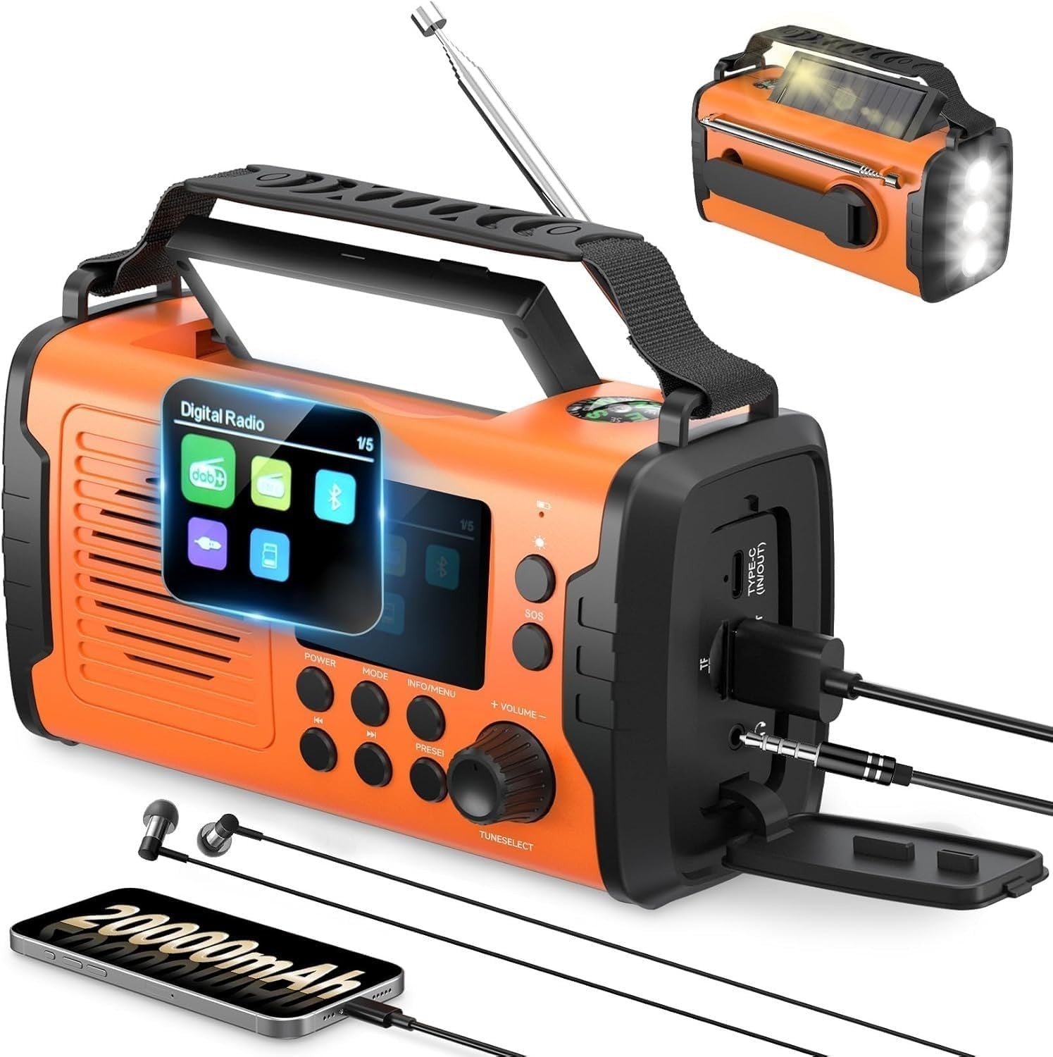 20000mAh Emergency Solar Hand Crank Radio with DAB/FM Bluetooth