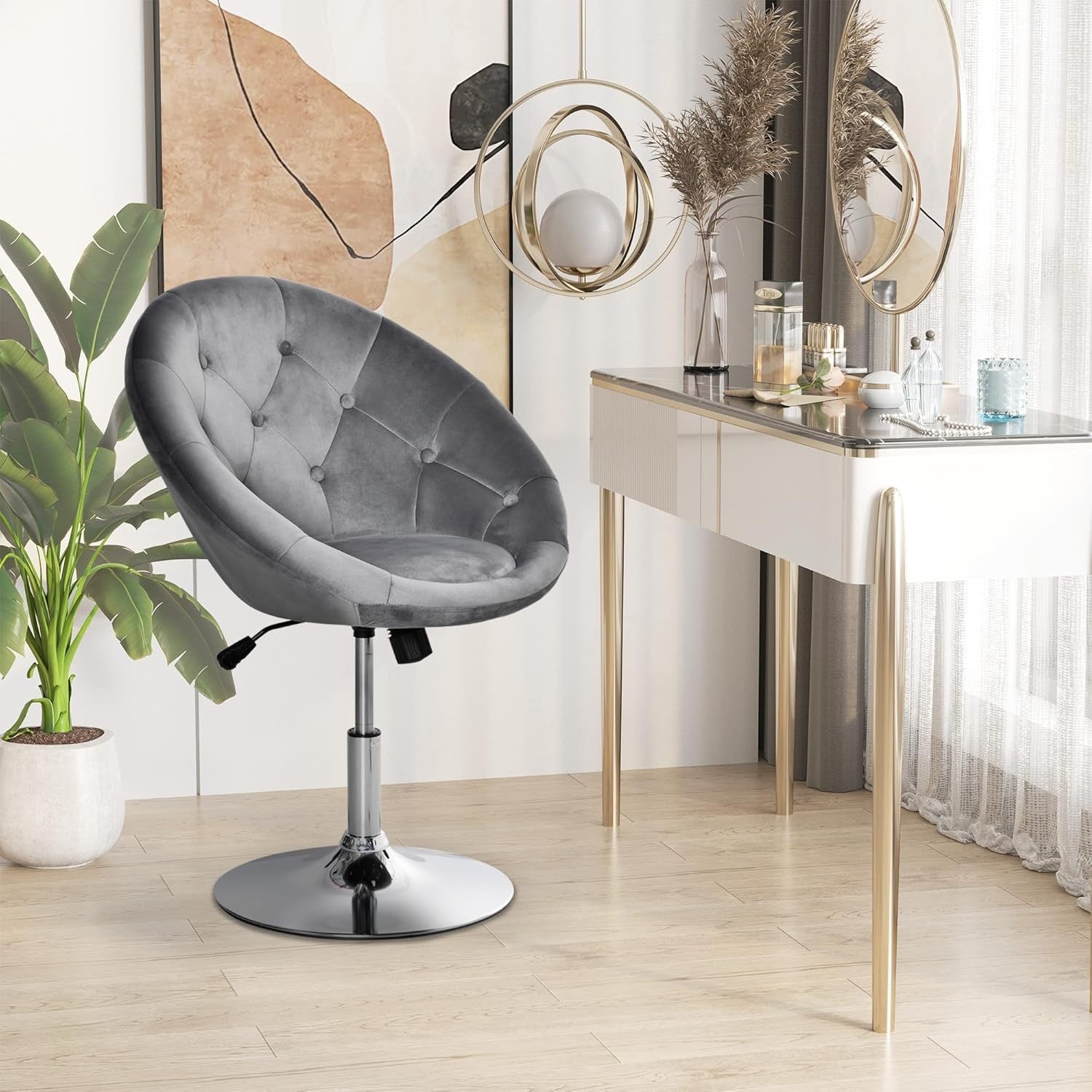 Velvet Swivel Vanity Chair Grey Adjustable Height Stool