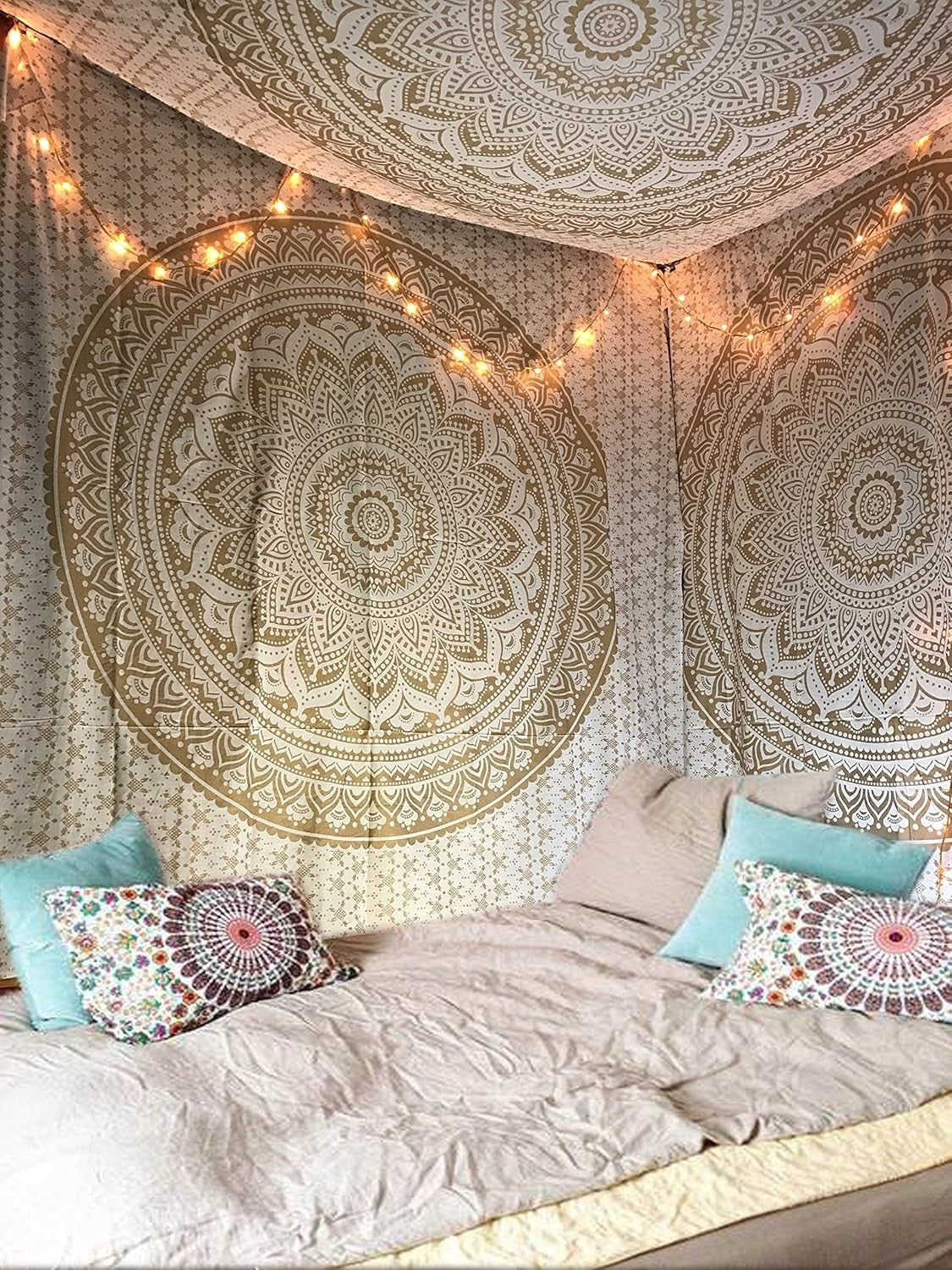 Boho White Gold Mandala Tapestry 55x82" Cotton Wall Hanging