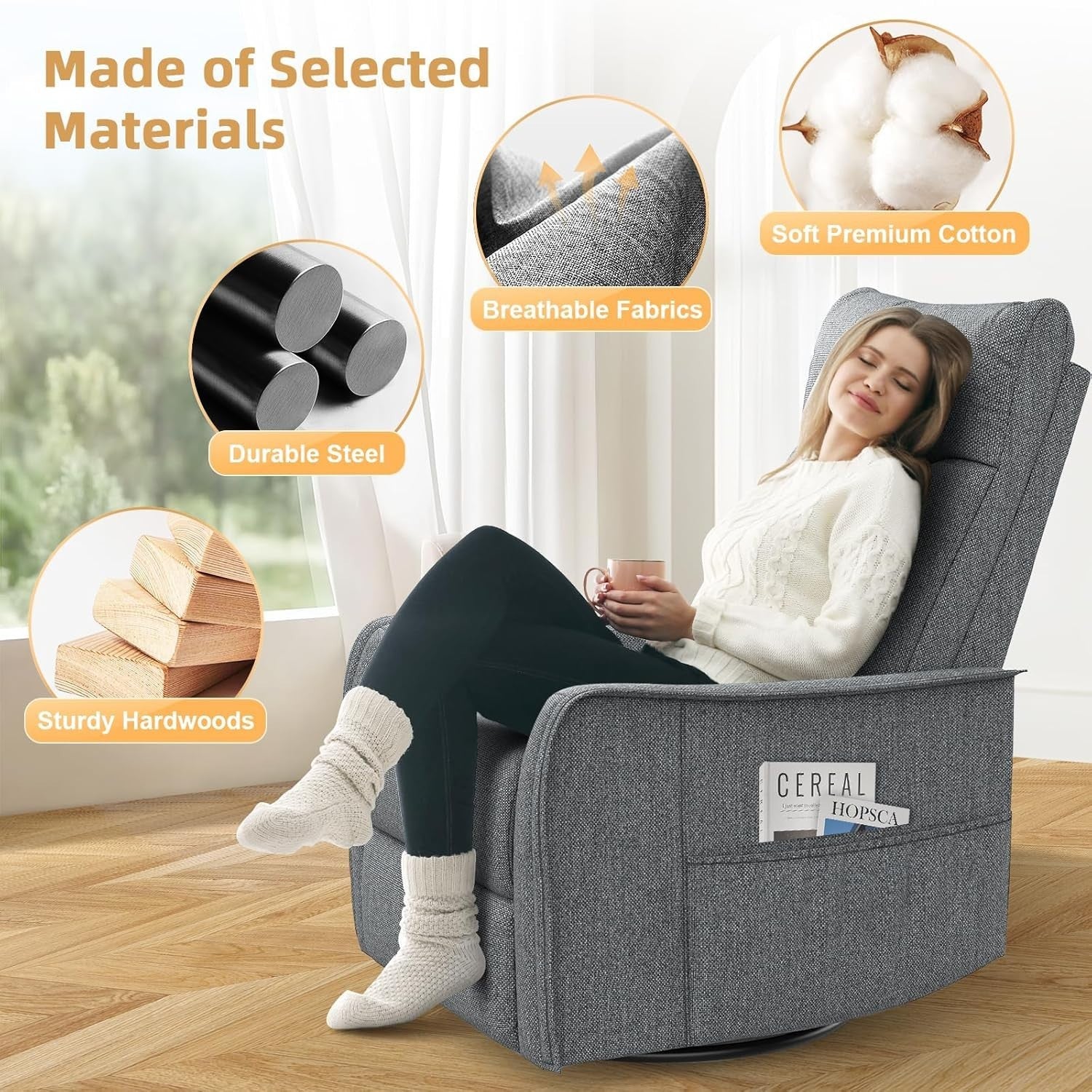 Swivel Rocking Recliner Chair Massage Heat 135° Recline Footrest Dual Pockets