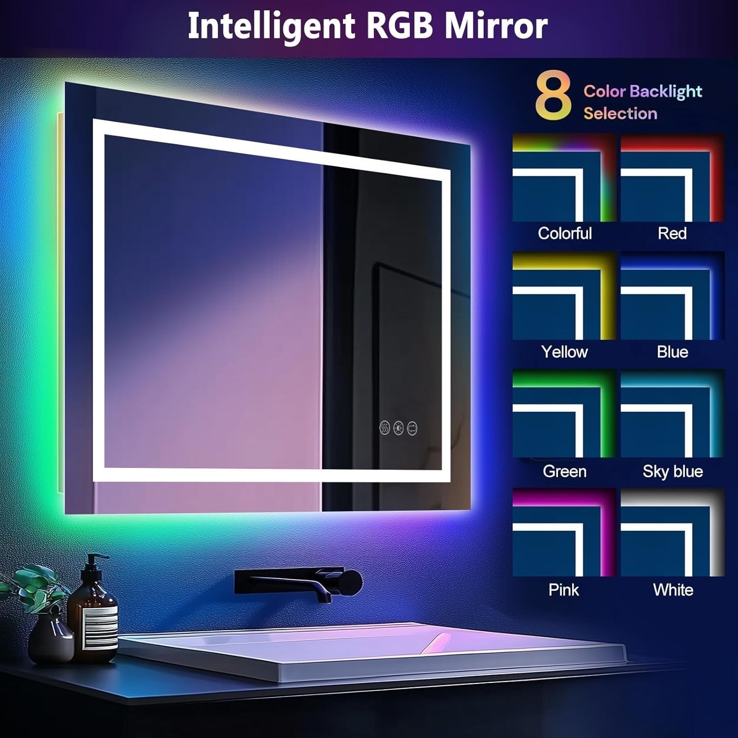 LED Bathroom Mirror 80x60cm Anti-Fog RGB Lights Touch Dimmable Wall