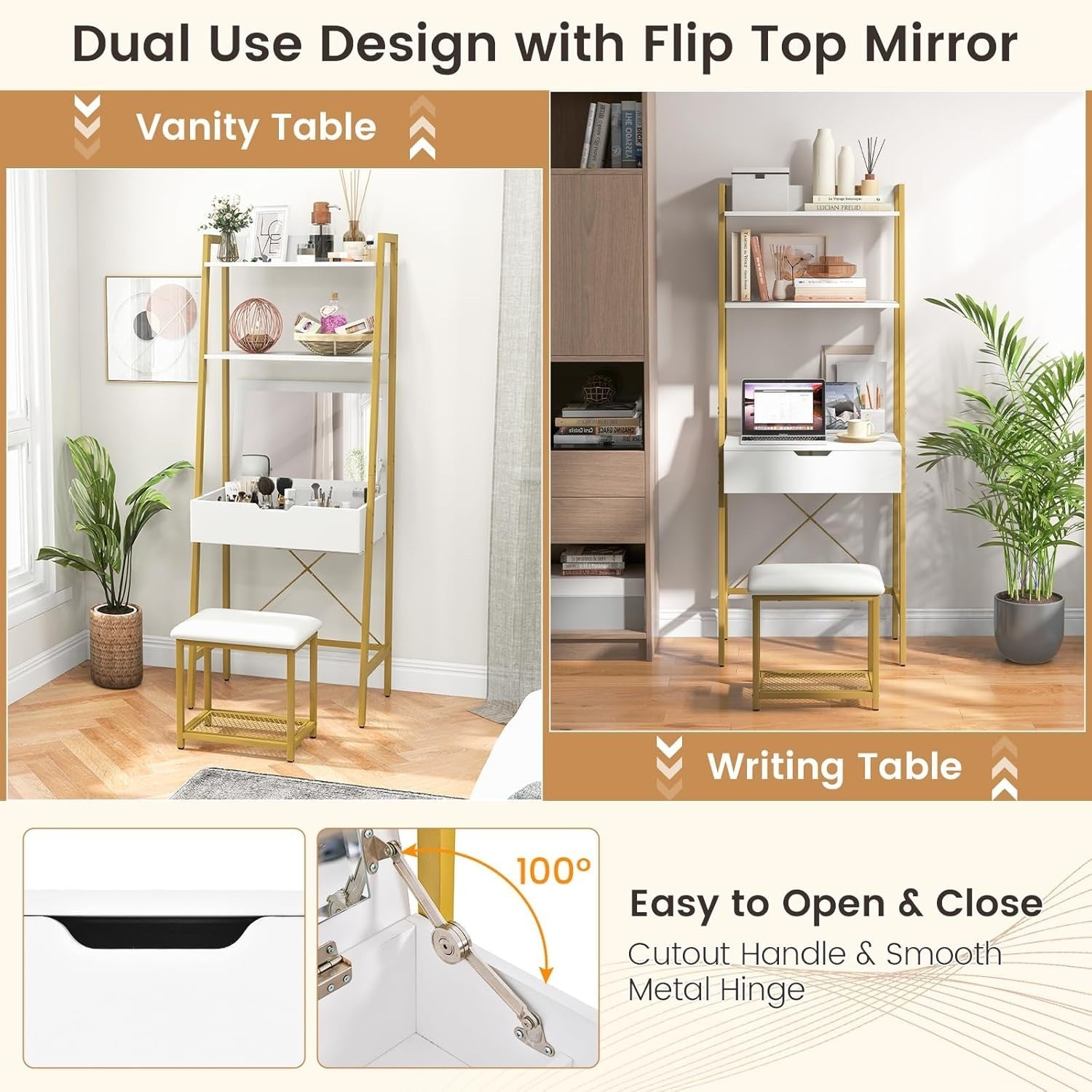 2-in-1 Flip Top Vanity Makeup Dressing Table Desk & Stool Set Storage White Gold