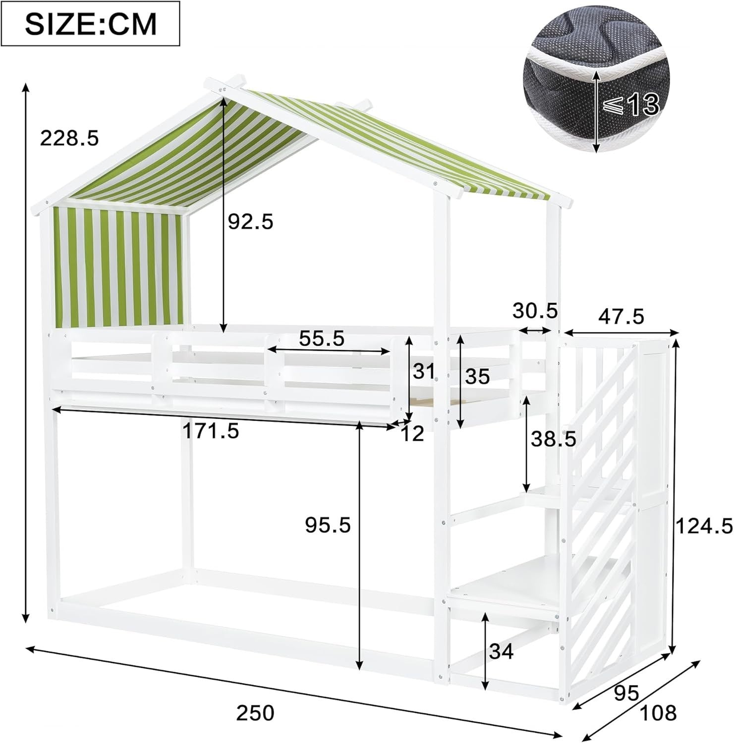 Kids Bunk Bed with Bookshelf & Stairs, Canopy Frame, No Mattress