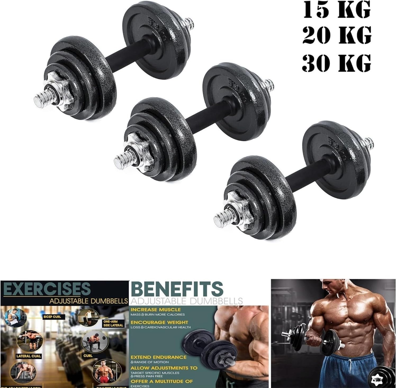 20kg Cast Iron Adjustable Dumbbell Barbell Set Non Slip Home Gym