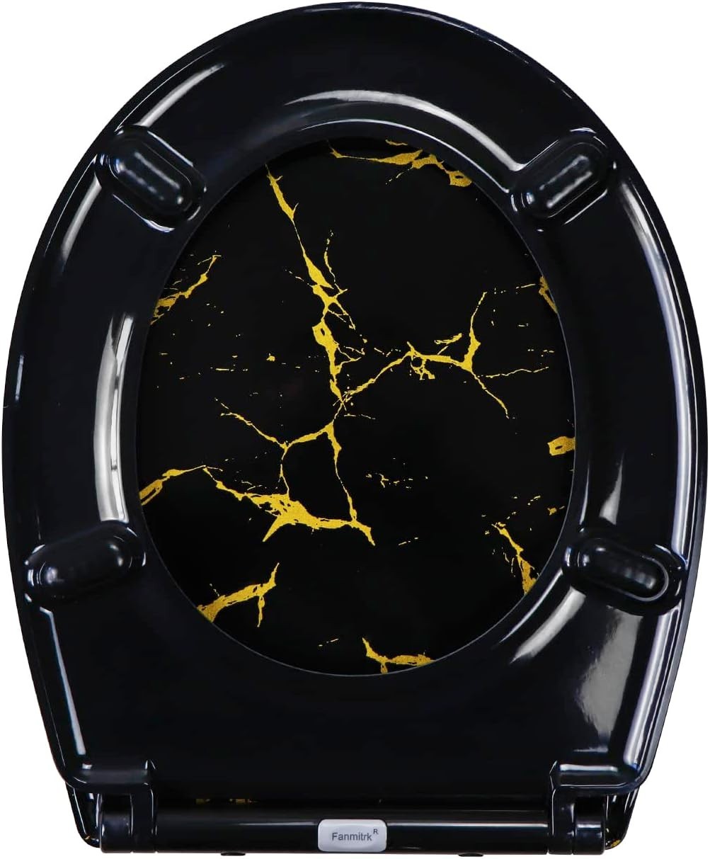 Black Toilet Seat Soft Close Quick Release Gold Glitter Duroplast 45x37cm
