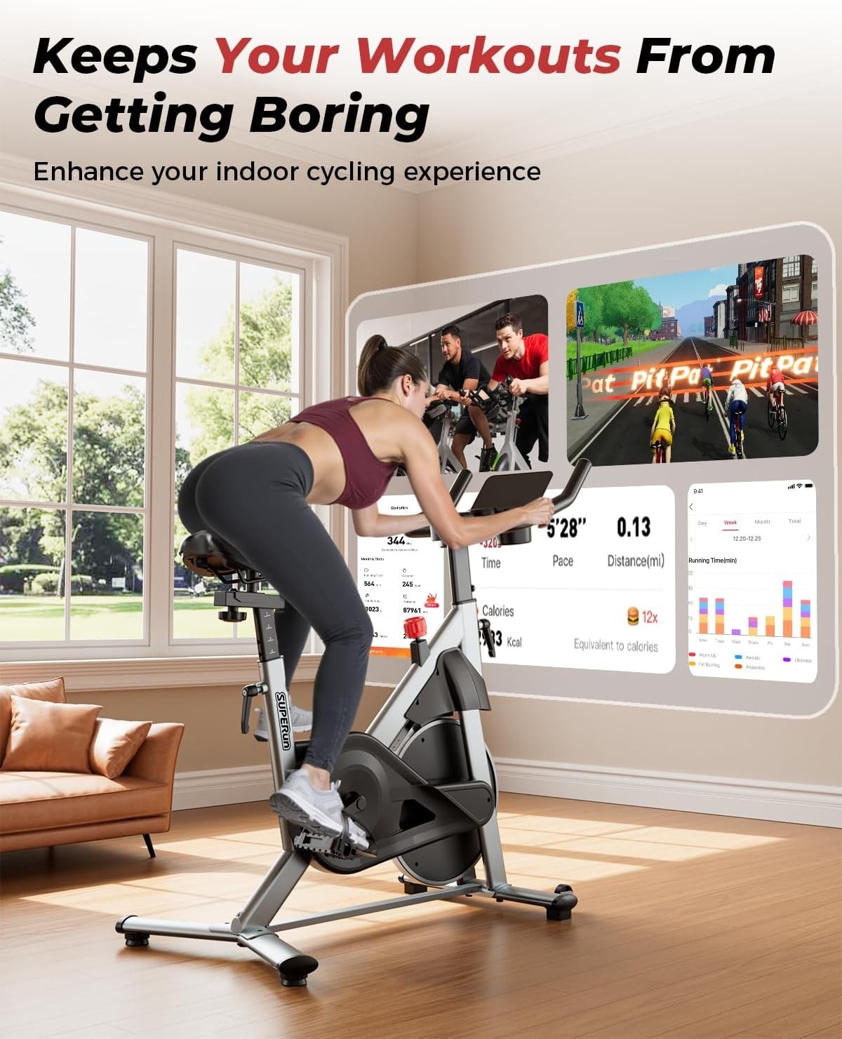 Magnetic Resistance Indoor Exercise Bike w/ LCD Monitor, APP Tracking