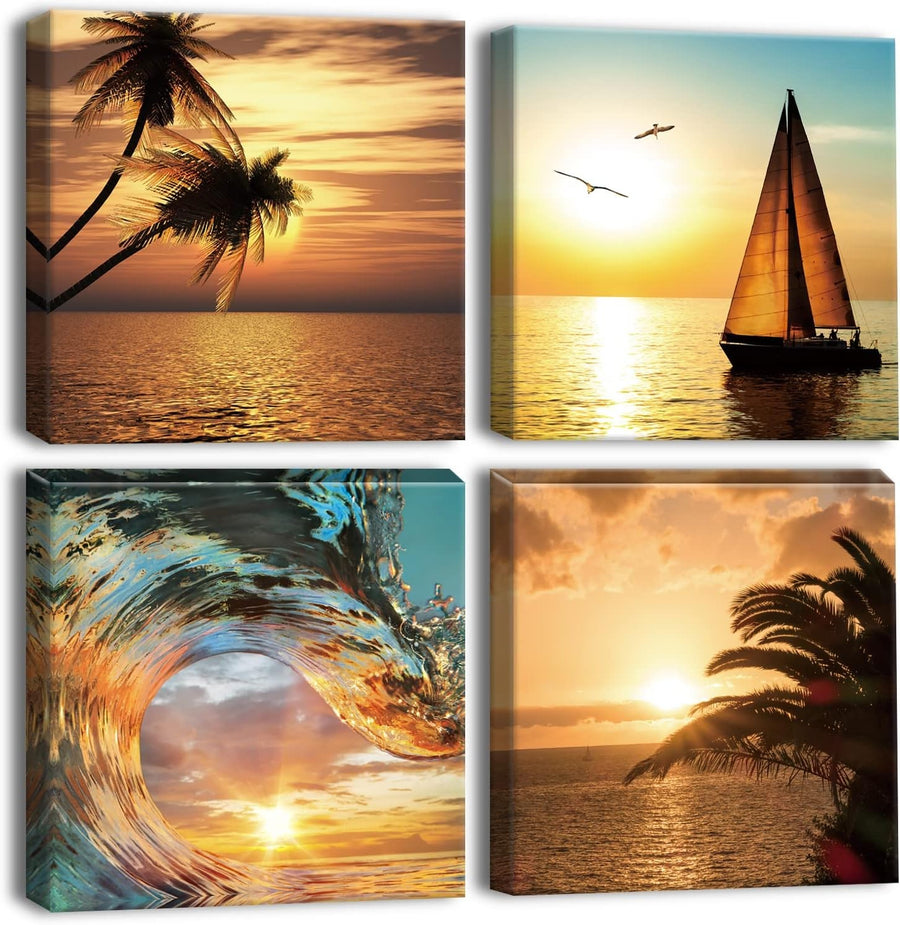 4pcs Coconut Tree Sailboat Canvas Wall Art 30x30cm Modern Decor