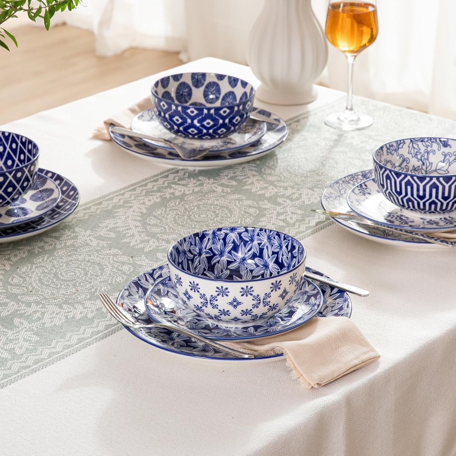 12pc Porcelain Dinnerware Set Blue White Plates Bowls Modern Dishwasher Safe