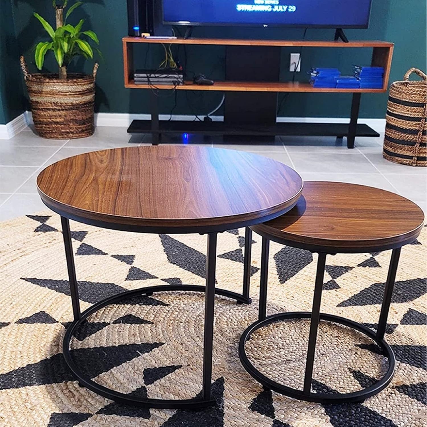 Nesting Coffee Table Set 2 Round End Tables Modern Side Desk Gray/Black
