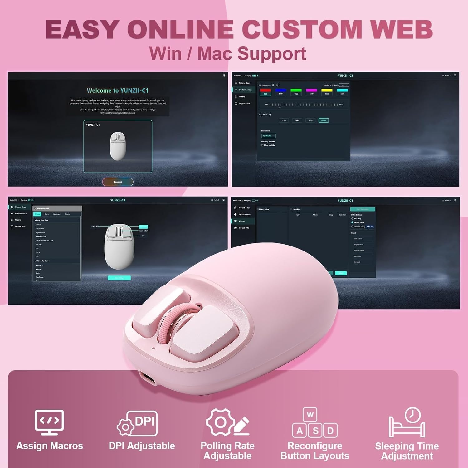 4800 DPI Wireless Mouse Bluetooth 2.4G USB-C Programmable Pink