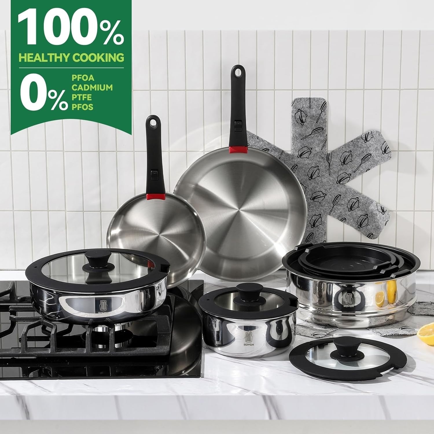 16Pcs Stainless Steel Stackable Cookware Set with Detachable Handles