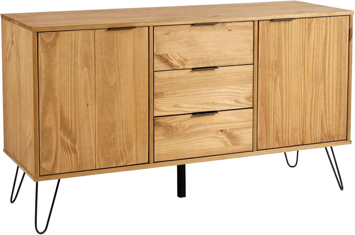 Industrial Sideboard Cabinet Pine 3 Drawers 2 Doors Metal Legs Storage