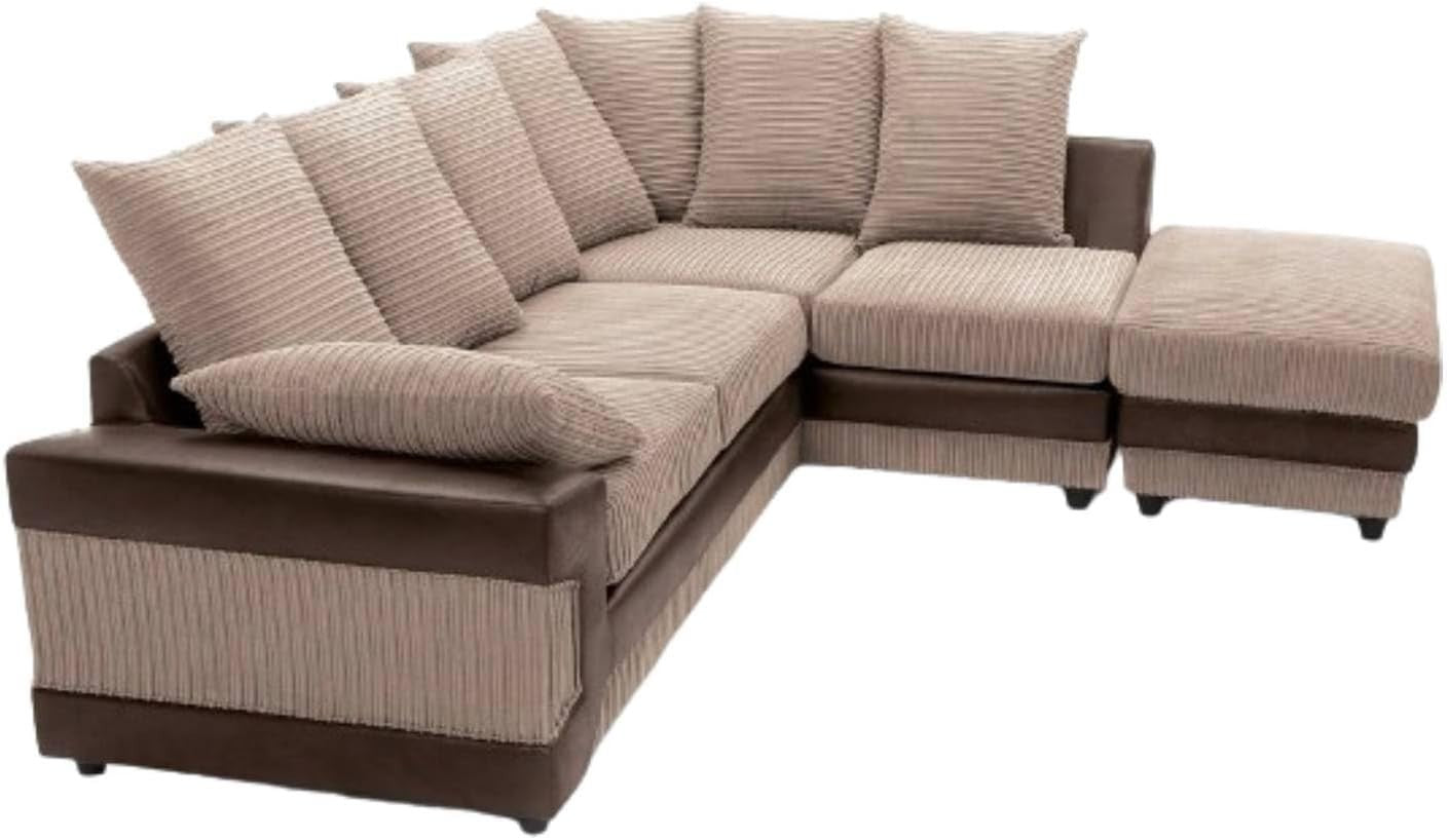 5 Seater Corner Sofa Brown & Beige Fabric Leather Right L Shape Couch