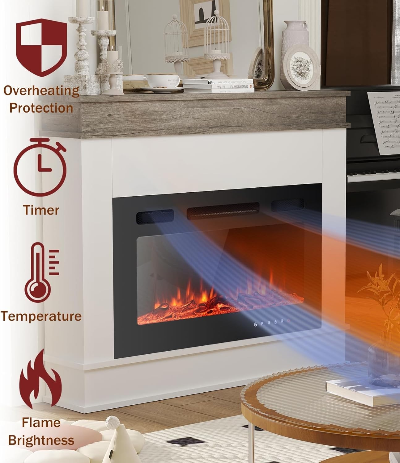 30” Electric Fireplace Heater with 12 LED Flames & Remote Control