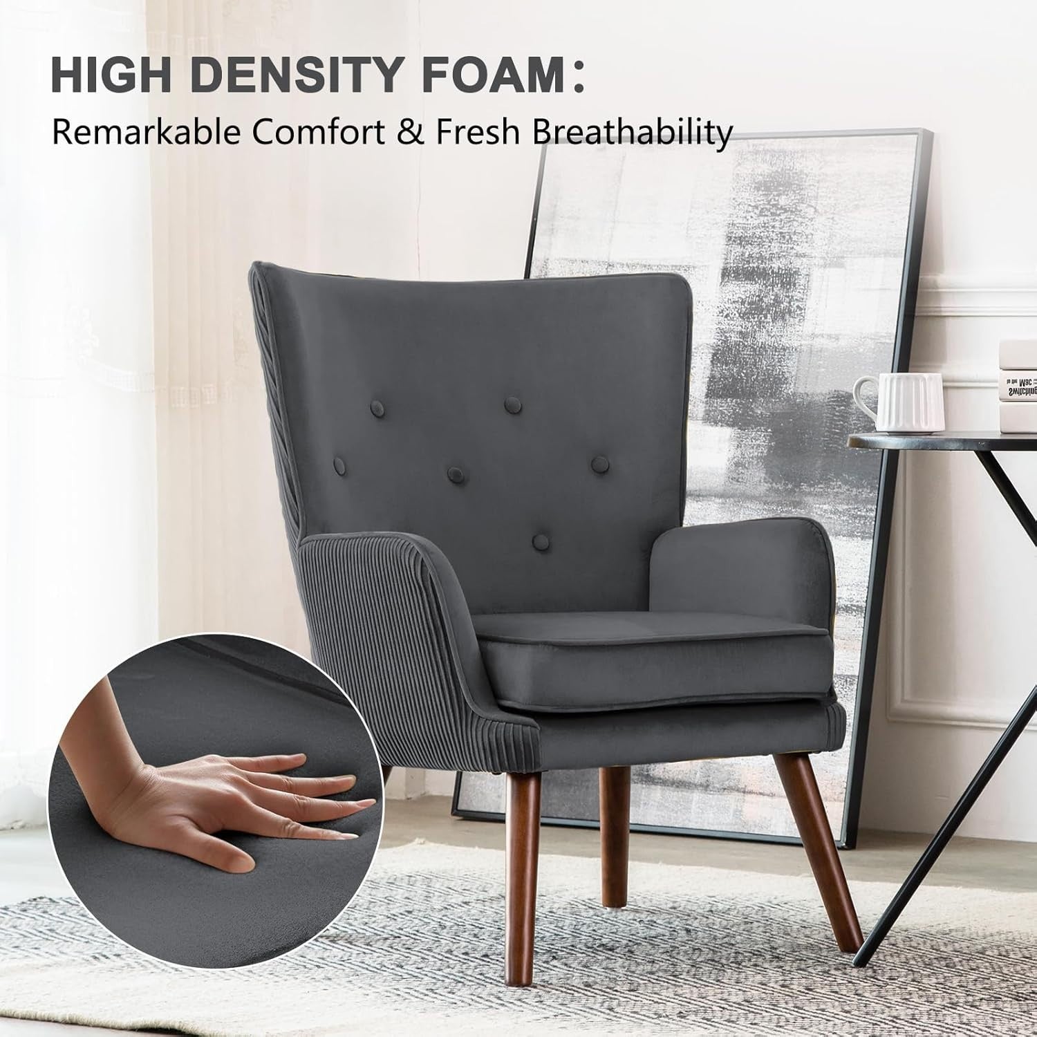 Velvet Wingback Armchair Grey Tufted Accent Chair High Back Reading
