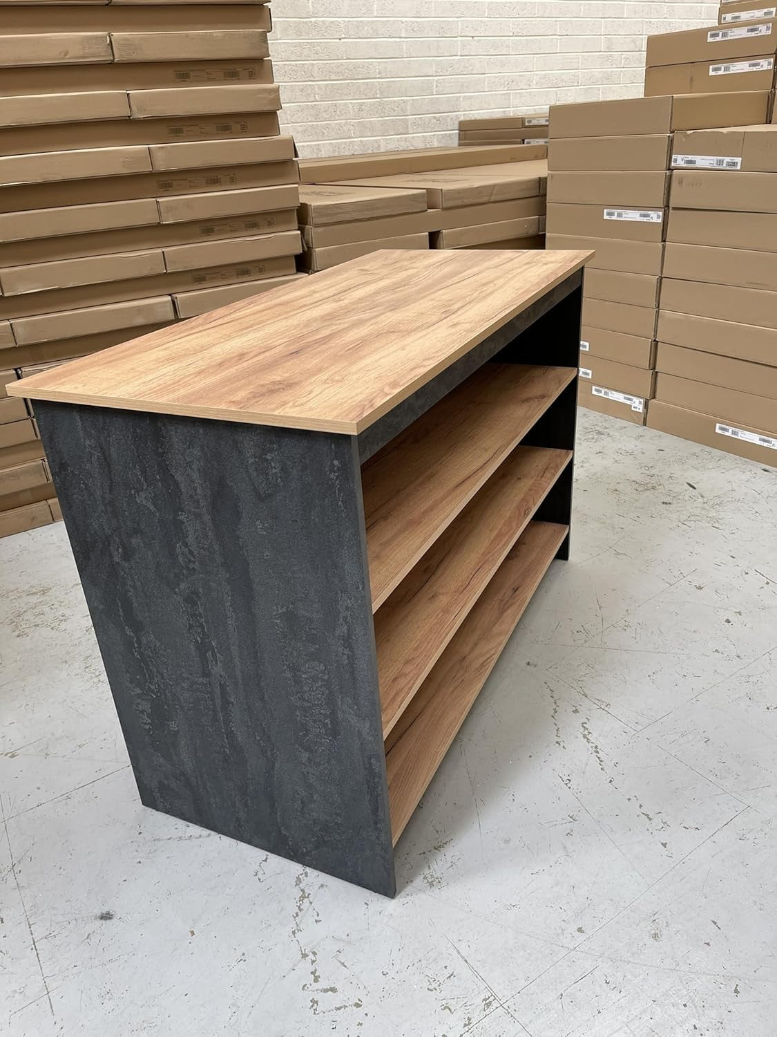 Black Concrete & Oak Kitchen Island with Breakfast Bar & Open Shelves