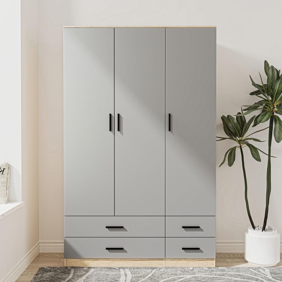 Oak & Grey 3 Door Wardrobe with 4 Drawers, Modern Bedroom Storage Unit