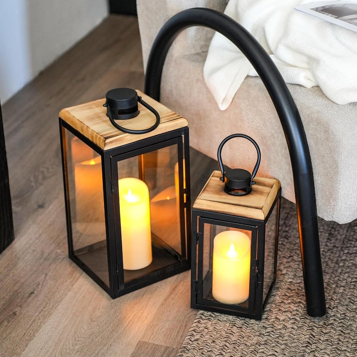 Set of 2 Large Black Metal Candle Lanterns Home Decor