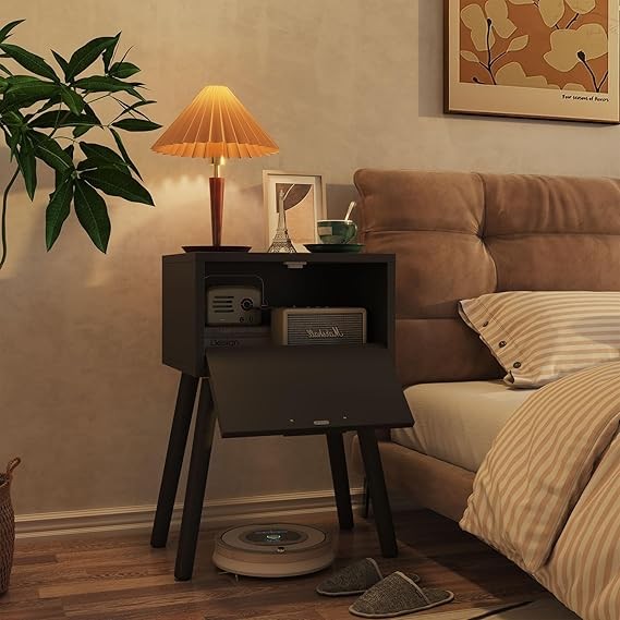 Set of 2 Black Bedside Tables with Rattan Drawer, Modern Wooden Nightstands