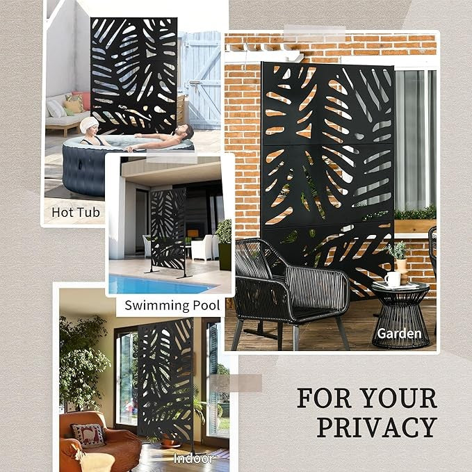 6.5FT Black Metal Garden Privacy Screen Large Leaf Outdoor Divider Fence