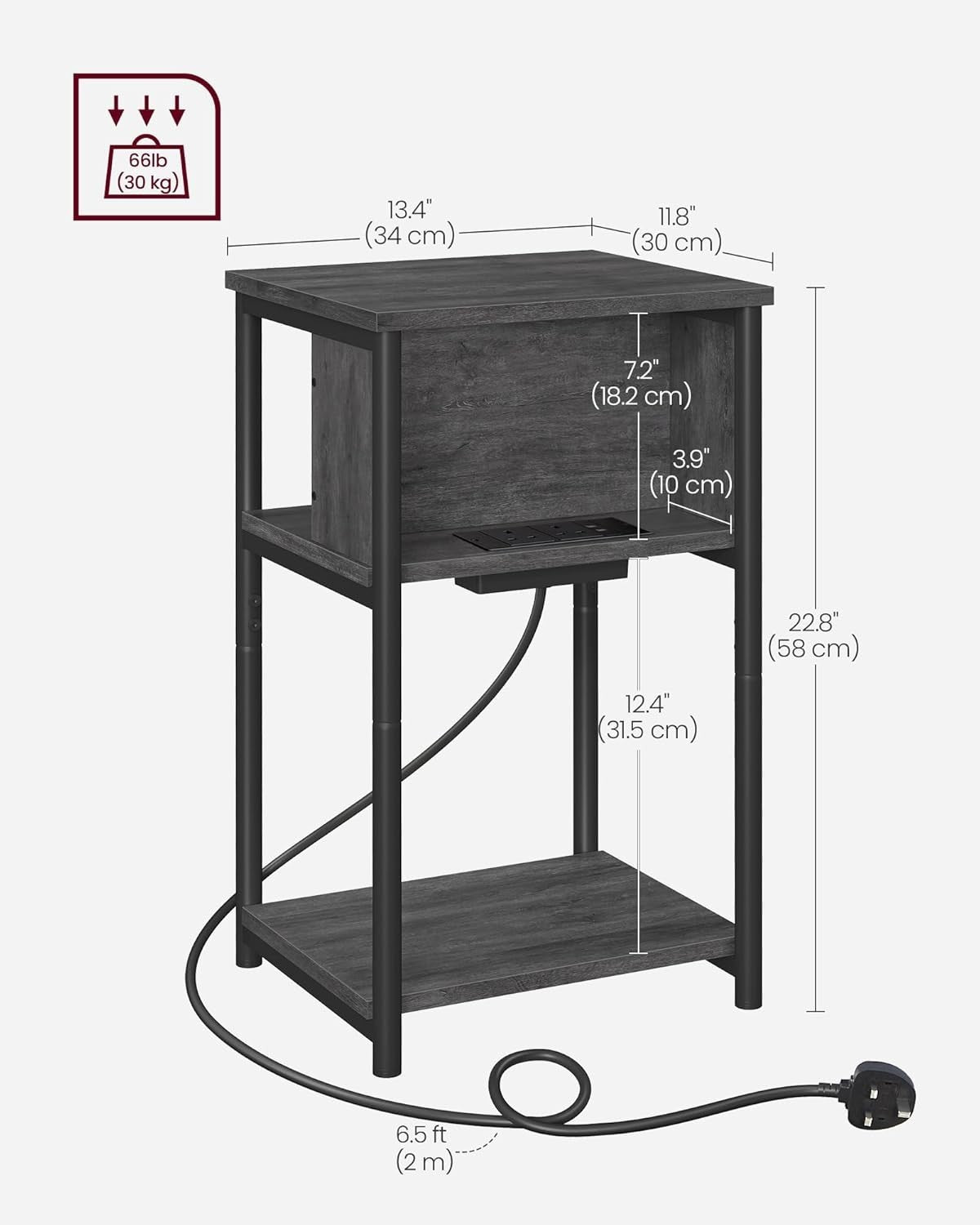 Slim Bedside Table with USB & Plug Sockets, 3-Tier 30x34x58cm Storage