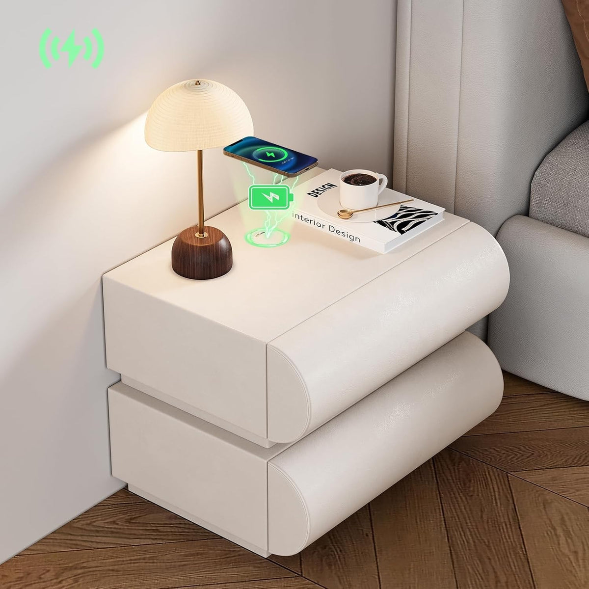 Modern 2 Drawer Bedside Table with Wireless Charger & USB Type-C – White