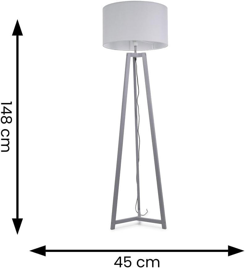 Grey Wooden Tripod Floor Lamp Fabric Drum Shade LED Living Room Light