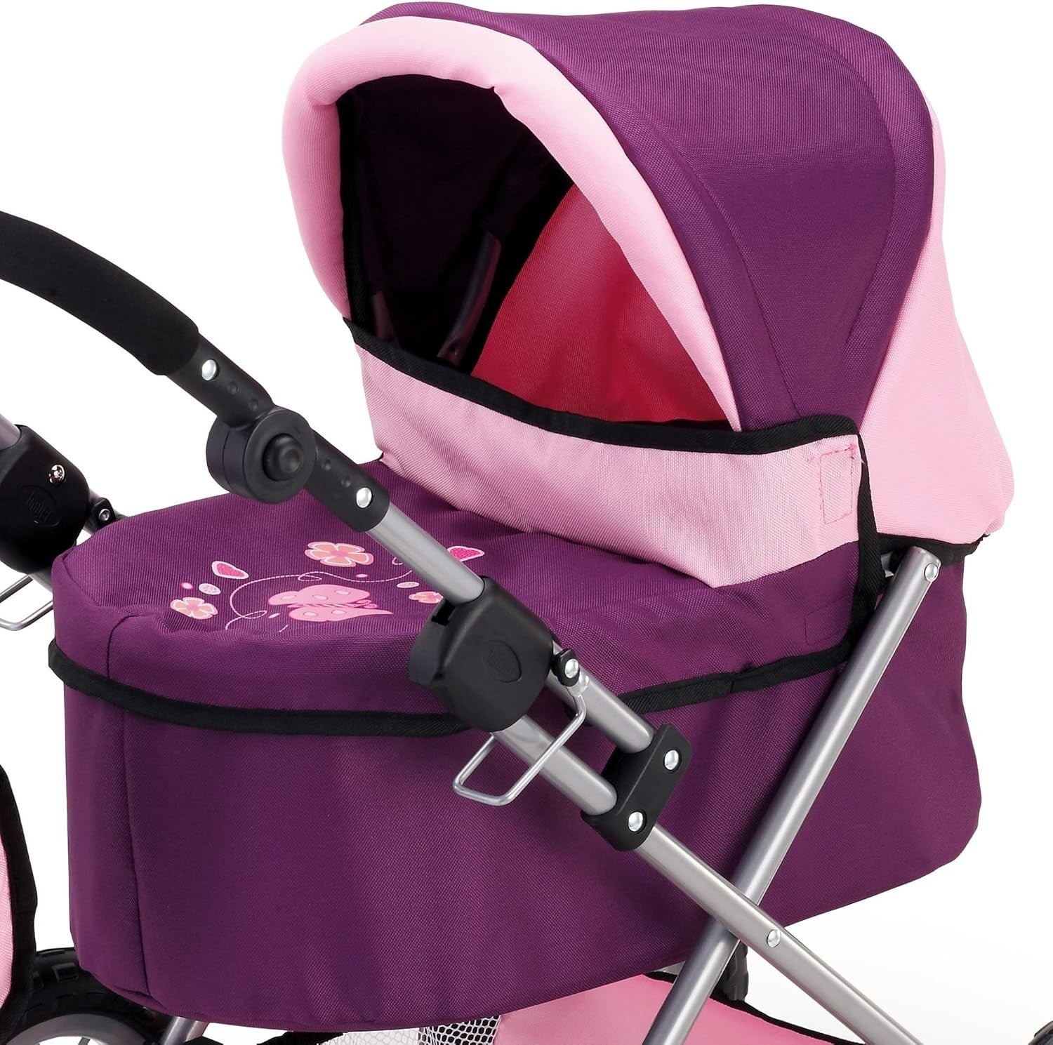 Doll Pram Stroller Foldable Height Adjustable Handle Basket Bag Purple
