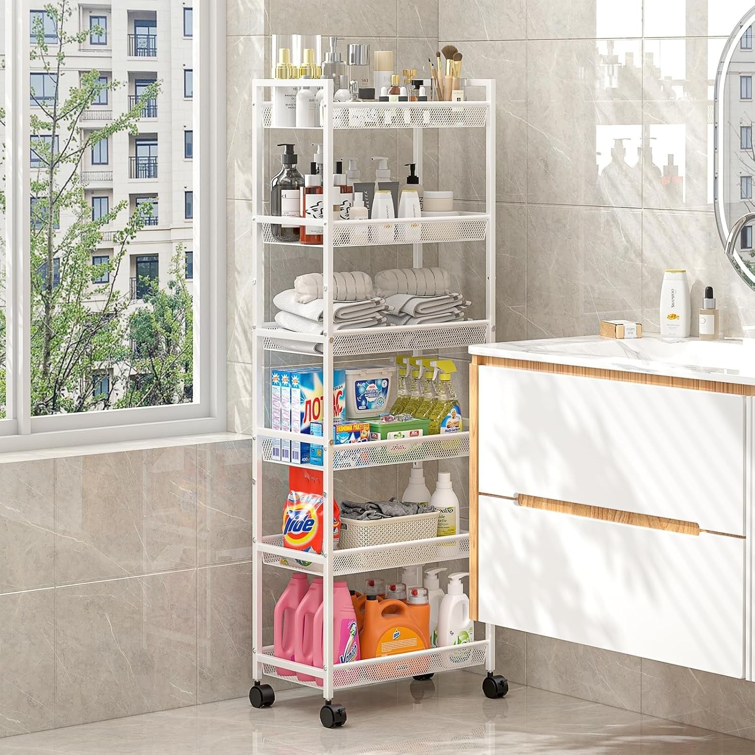 6 Tier Slim Storage Cart Rolling Narrow Shelf Kitchen Bathroom Rack