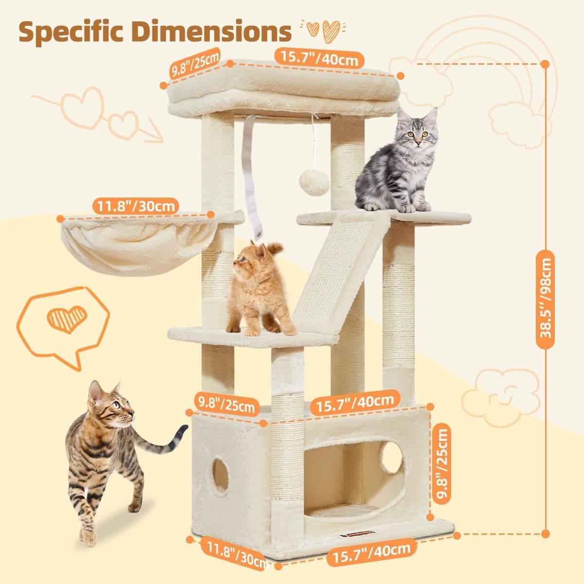 98cm Cat Tree Tower Indoor Scratching Post with Condo Hammock Perch
