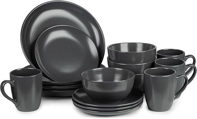 16 Piece Charcoal Dinnerware Set for 4 Stoneware Plates Bowls Mugs