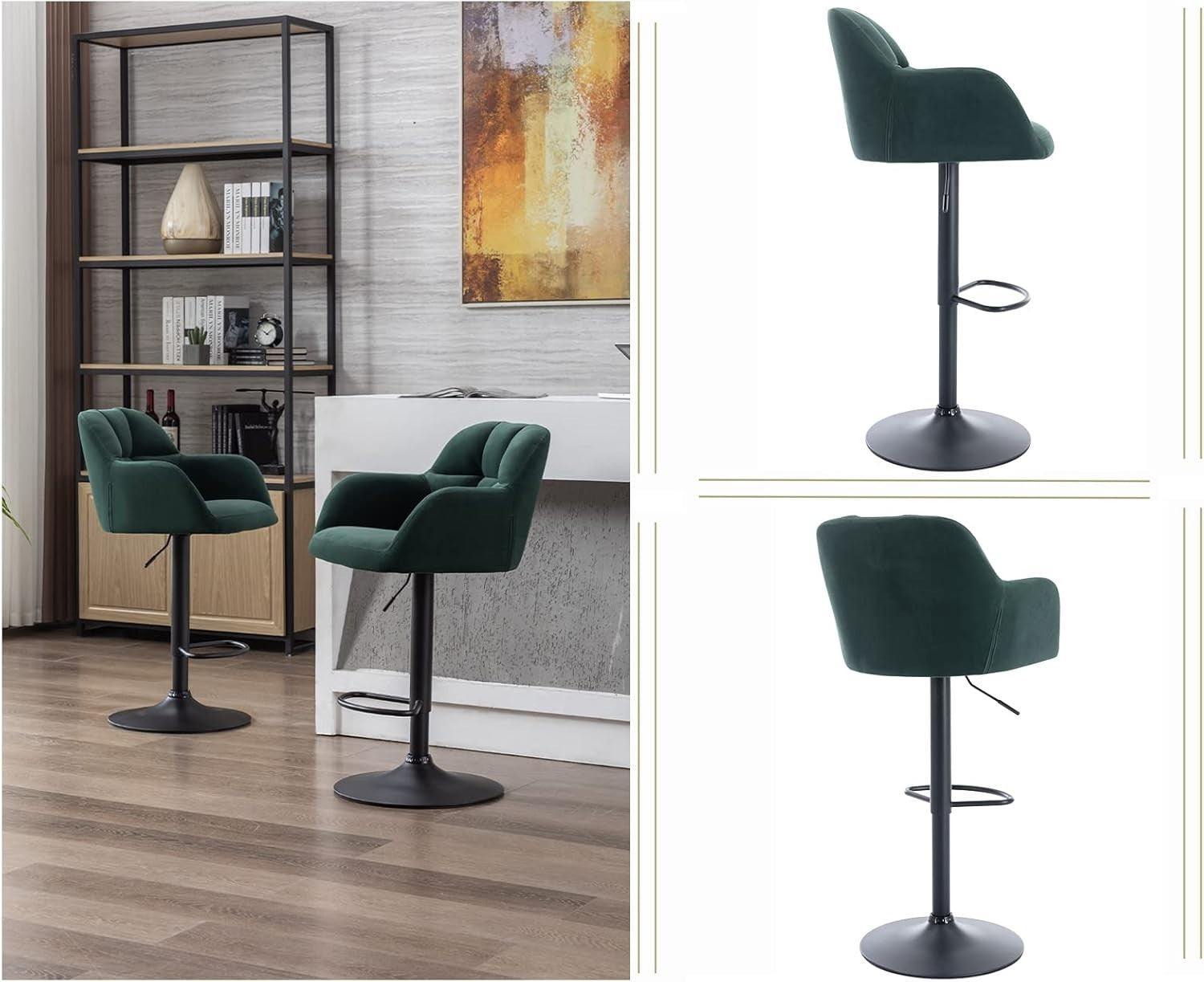 Set of 2 Green Velvet Swivel Bar Stools Adjustable Height Modern