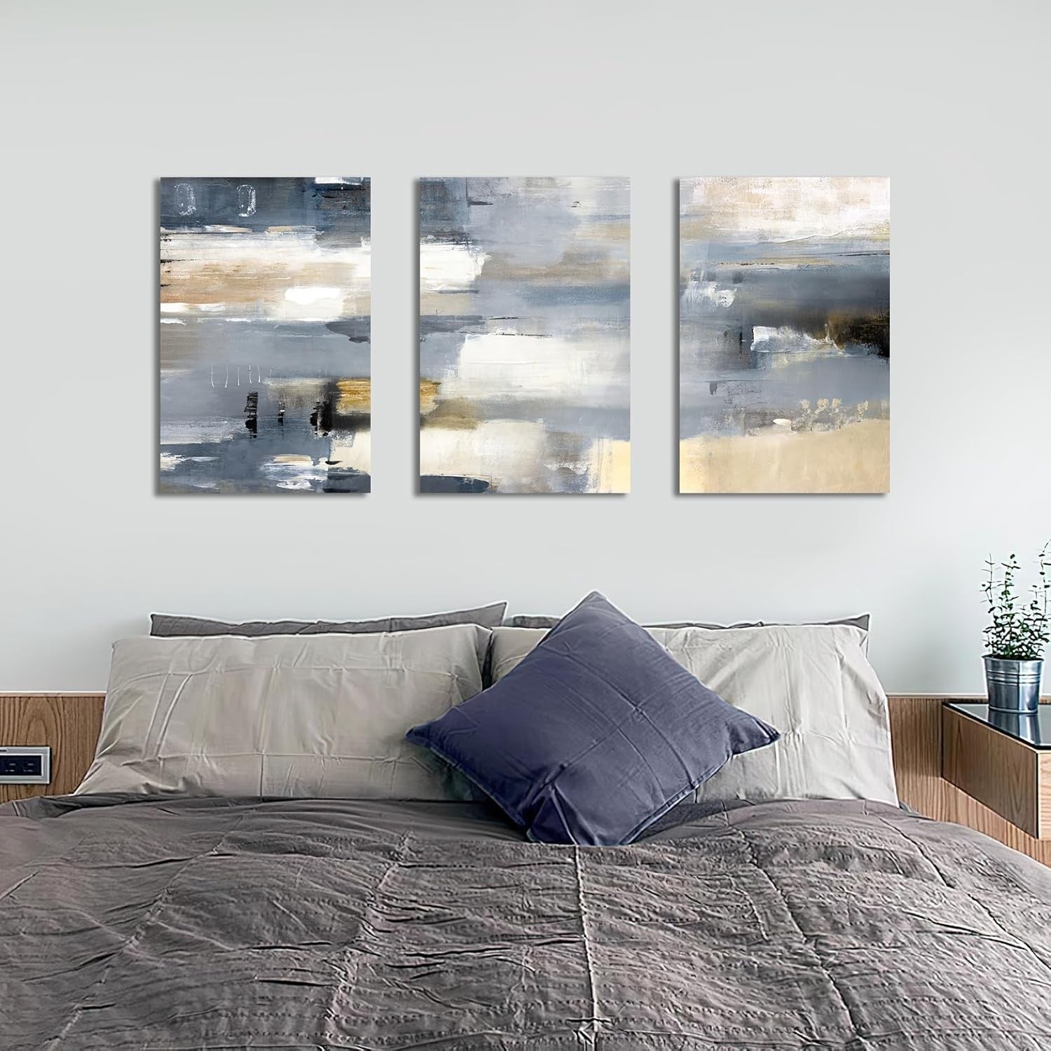 3 Panels Grey Beige White Abstract Canvas Wall Art Set 40x60cm